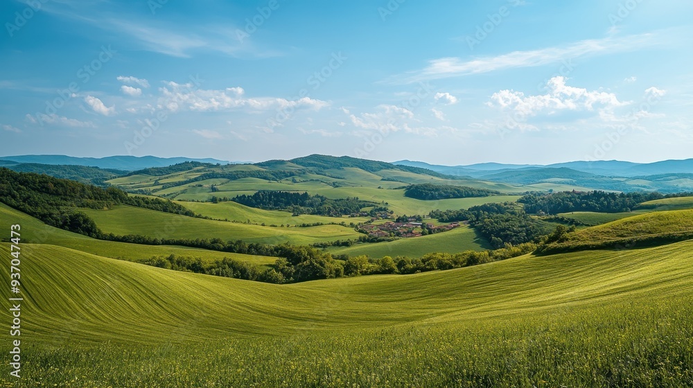Fototapeta premium Rolling Green Hills and Lush Countryside Landscape with Village in Distance under Blue Sky with White Clouds.