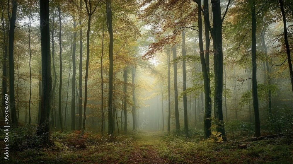 Misty autumn morning in a dense forest, with tall trees fading into the fog and a sense of stillness. Misty autumn morning in a dense forest, with tall trees fading into the fog and a sense of stillness.