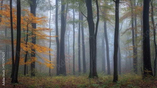 Misty autumn morning in a dense forest, with tall trees fading into the fog and a sense of stillness.