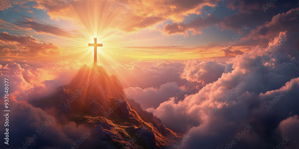 Rising sun illuminating Christian cross standing at summit mountain Rising sun illuminating Christian cross standing at summit mountain