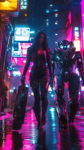 Cyberpunk Woman and Robot Walking in Neon Rain