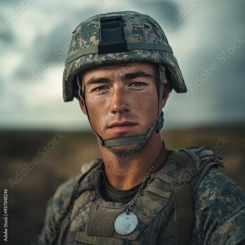 Close-up Portrait of a Young Soldier in Camouflage Uniform and Helmet