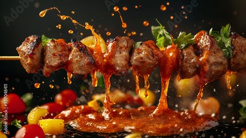Grilled shish kebabs with a variety of meats on skewers, served on a plate with sauce