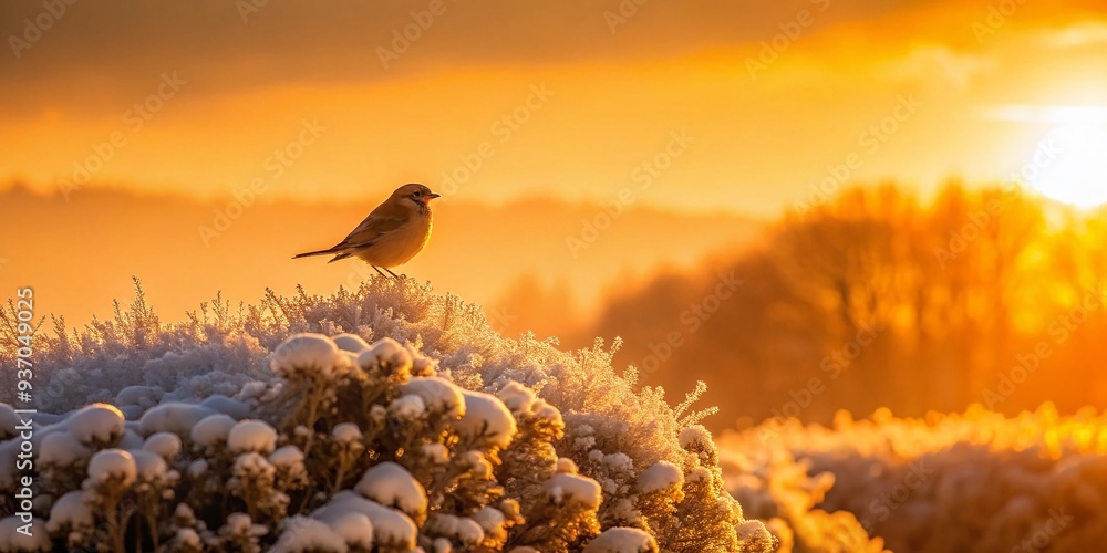 Obraz premium Golden hour illuminates powdery hedge, winter bird's gentle silhouette, soft peach tones, warm glow, peaceful ambiance, evocative composition, subtle symmetry.
