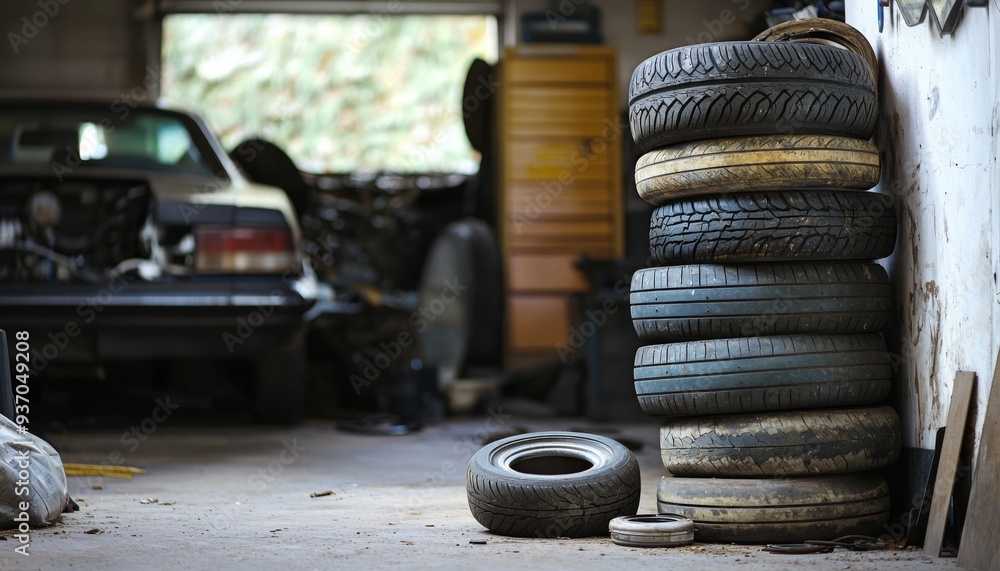 A garage interior with old tyres and inner tubes placed on the floor near an open toolbox, with scattered nuts and bolts, creating a sense of a well-used space A garage interior with old tyres and inner tubes placed on the floor near an open toolbox, with scattered nuts and bolts, creating a sense of a well-used space
