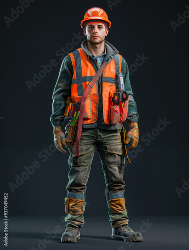 body facing forward, Full length Shot, Front view, solo, youth, man, hard hat, reflective work vest, cargo pants, safety shoes, european and american, Real scene, photo scene,