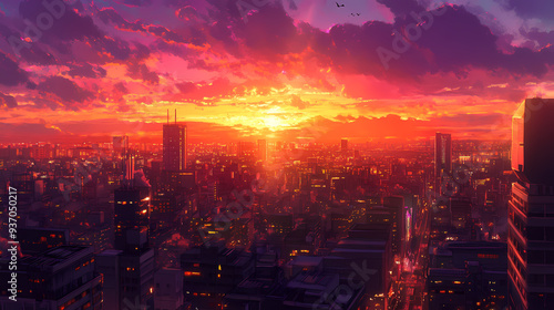 Cozy Sunset Cityscape in Anime Manga Art Style with Stunning Sky and Clouds