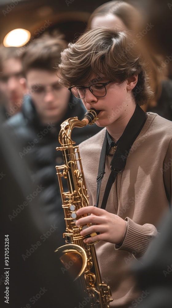 Obraz premium Saxophone Solo at School Band Rehearsal