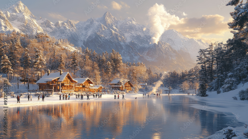 Obraz premium A picturesque winter vacation scene featuring a group of people enjoying ice skating on a frozen lake surrounded by snow-covered trees and mountains,