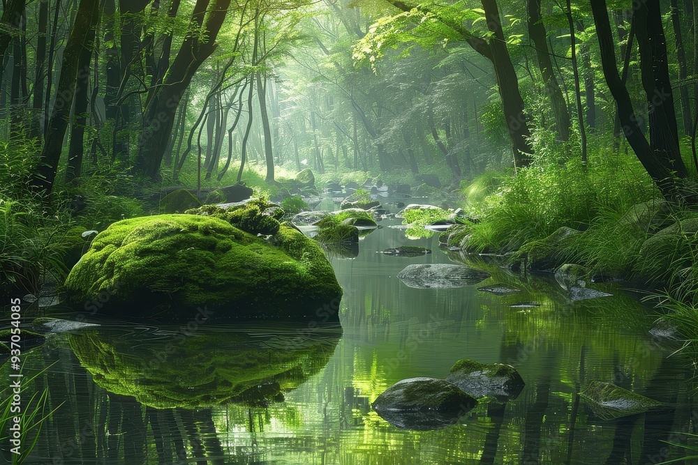 Tranquil Forest Stream Amidst Mossy Rocks Tranquil Forest Stream Amidst Mossy Rocks