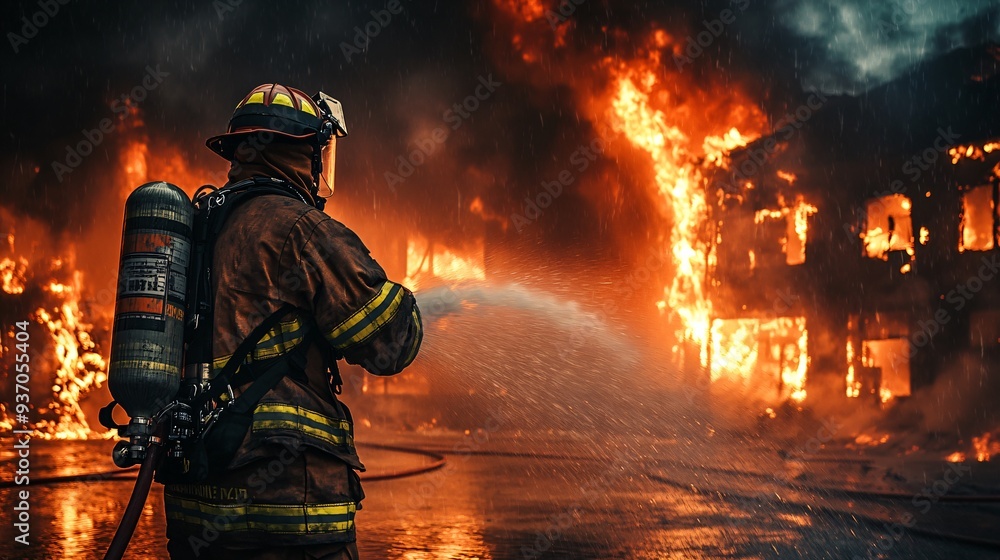 firefighter in full gear battling intense flames from a burning building at night, copy space firefighter in full gear battling intense flames from a burning building at night, copy space