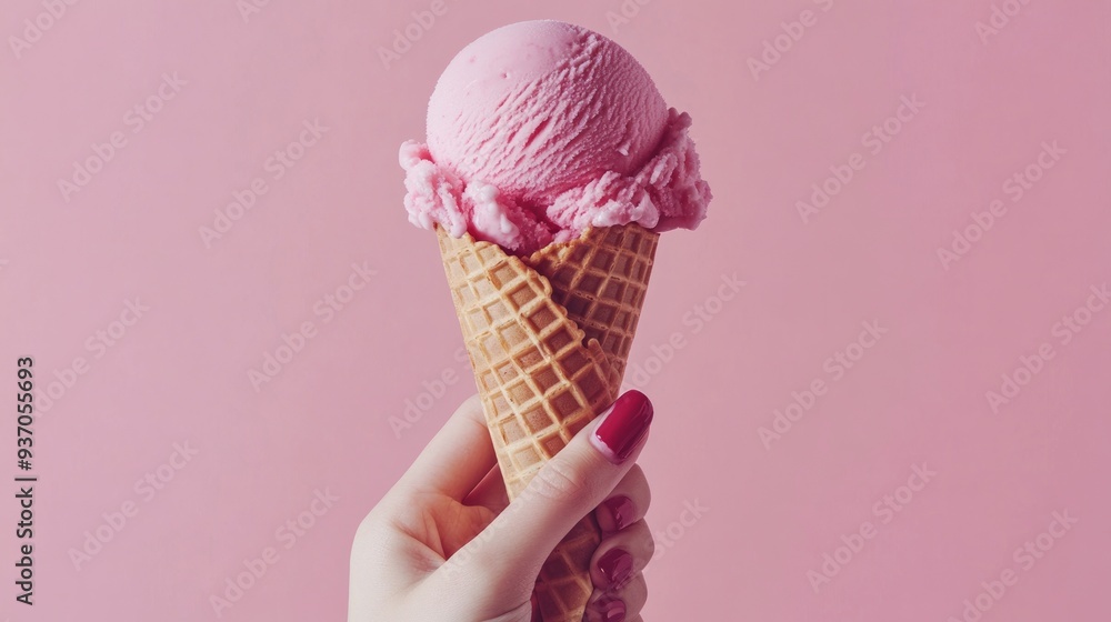 Hand Holding a Pink Ice Cream Cone on Pink Background Hand Holding a Pink Ice Cream Cone on Pink Background