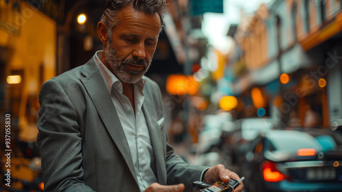 sad real estate agent in Sydney Australia handing keys to a robot on the street with their hands and keys slighly above middle of frame photo