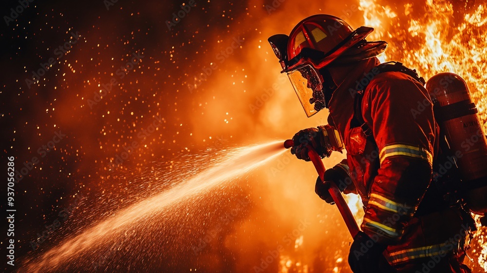 firefighter in full gear battling intense flames from a burning building at night, copy space firefighter in full gear battling intense flames from a burning building at night, copy space