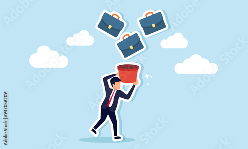 Competing for jobs, applying to multiple positions and companies to boost chances of getting hired concept of A businessman catching falling briefcases as if he were a job seeker