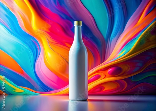 avant-garde white bottle art piece mockup on bold colorful background with abstract shapes and vibrant gradient effect photo