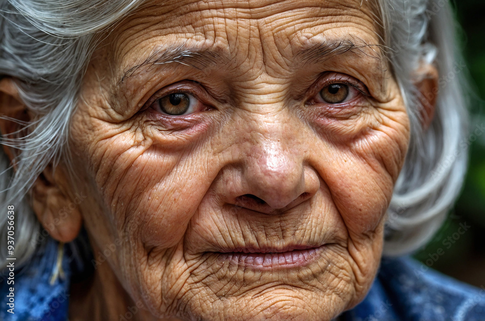 Close-up of an old woman with silver hair and frown lines etched on her face Close-up of an old woman with silver hair and frown lines etched on her face