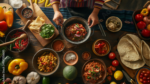 Cooking Class: A scene from a cooking class teaching traditional Hispanic recipes, Hispanic Heritage Month, with copy space