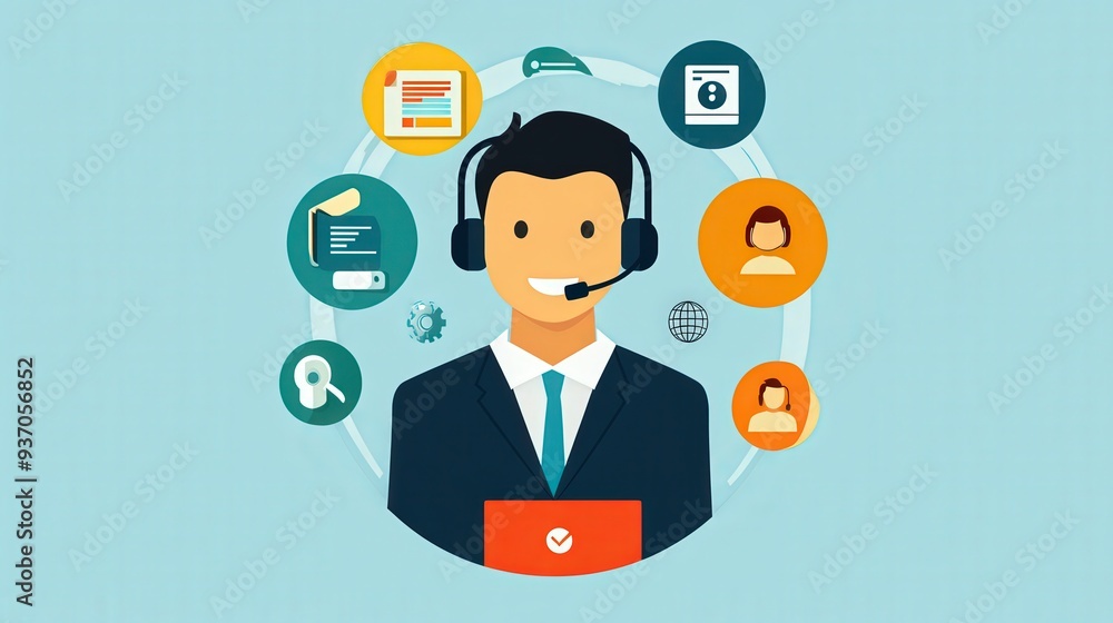 Professional Customer Service Representative Assisting Customers with Phone and Chat Support in Flat Design Illustration Professional Customer Service Representative Assisting Customers with Phone and Chat Support in Flat Design Illustration