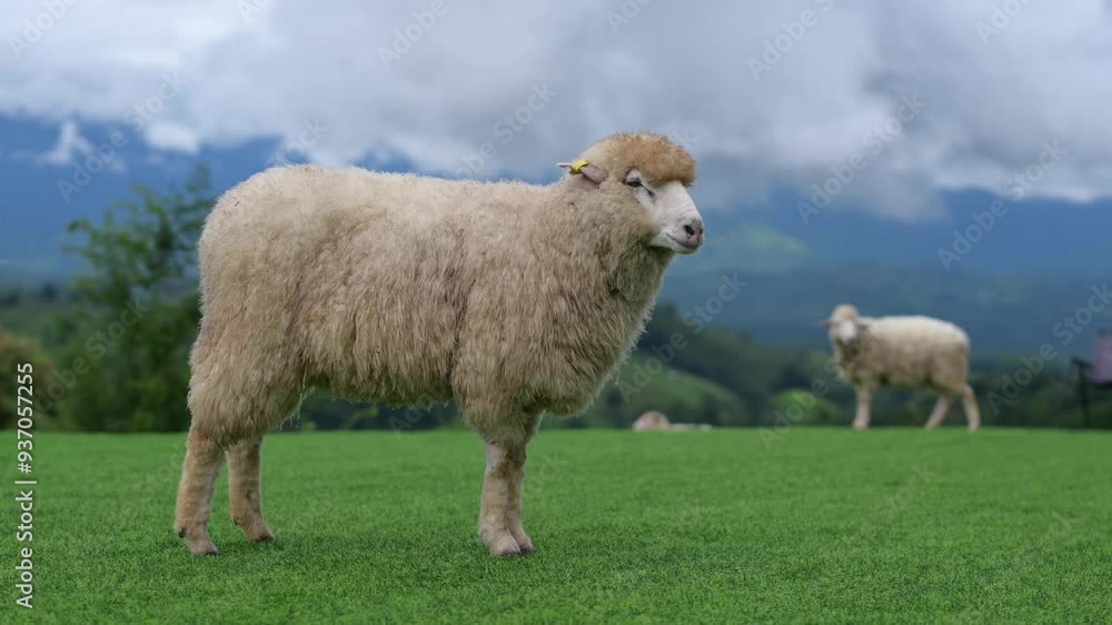 A lone sheep stands on a grassy hill, gazing around with the majestic mountains as a stunning backdrop. A lone sheep stands on a grassy hill, gazing around with the majestic mountains as a stunning backdrop.