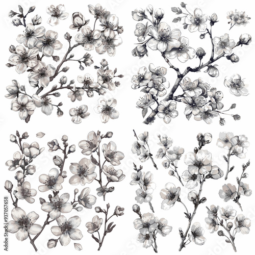 Four different images of flowers with a black and white color scheme. The flowers are depicted in various stages of bloom, with some appearing to be in full bloom and others in the process of blooming