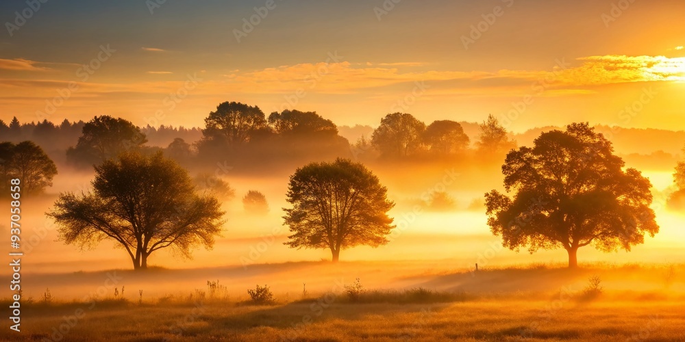 Serene misty dawn landscape with warm golden light filtering through trees silhouettes soothing atmosphere calming mood Serene misty dawn landscape with warm golden light filtering through trees silhouettes soothing atmosphere calming mood