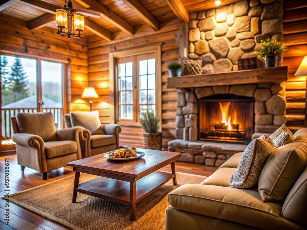 Fototapeta premium Soft focus cozy cabin interior with crackling fireplace warm beige tones inviting mood relaxed style warm color palette