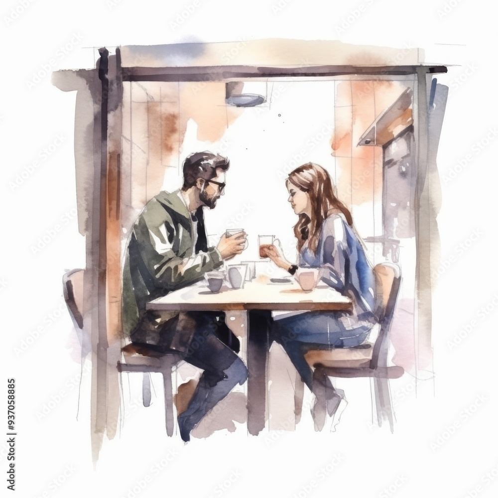 Romantic Watercolor Illustration of a Couple Enjoying Coffee at a Cafe Romantic Watercolor Illustration of a Couple Enjoying Coffee at a Cafe