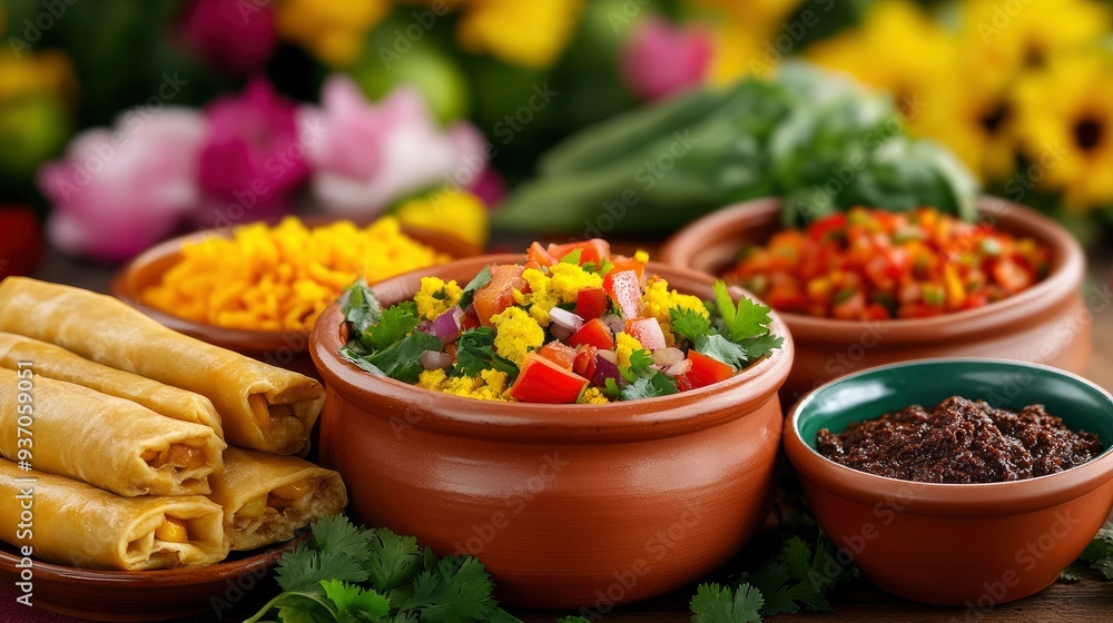 Close-up of Mexican Food Dishes with Tortillas, Salsa, and Beans Close-up of Mexican Food Dishes with Tortillas, Salsa, and Beans