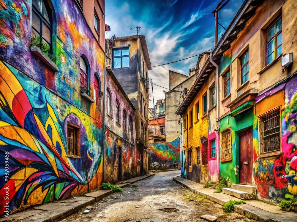Fototapeta premium vibrant cityscape colorful graffiti bursts through worn plaster walls amidst trendy urban renewal movement with dynamic street art style