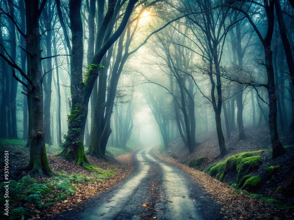 Fototapeta premium Abandoned eerie foggy misty woodland road forked destiny foreboding loneliness