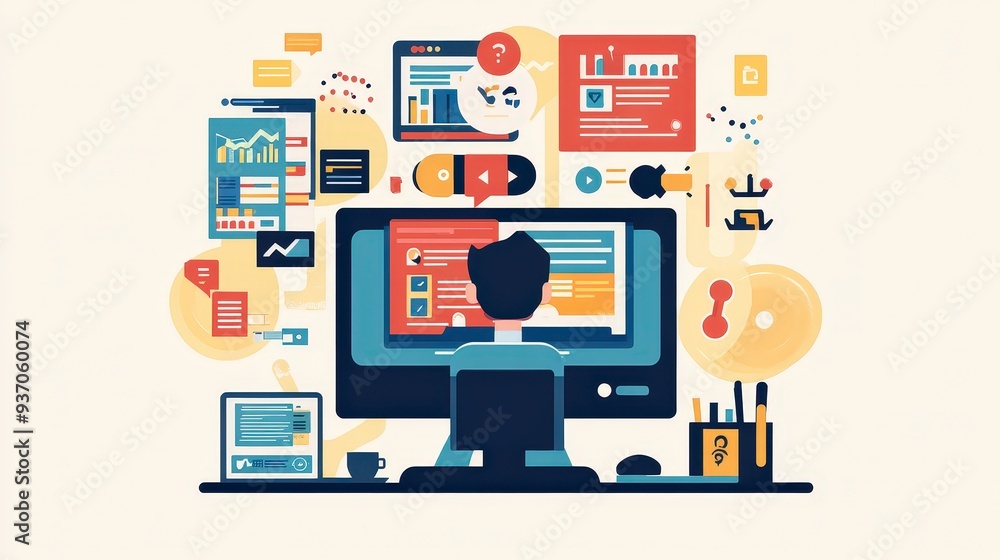 Digital Creation: Flat Design Illustration of Web Developer Coding Website with HTML/CSS Elements Digital Creation: Flat Design Illustration of Web Developer Coding Website with HTML/CSS Elements