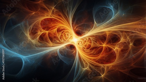 Abstract Swirling Orange and Blue Lines Against a Dark Background