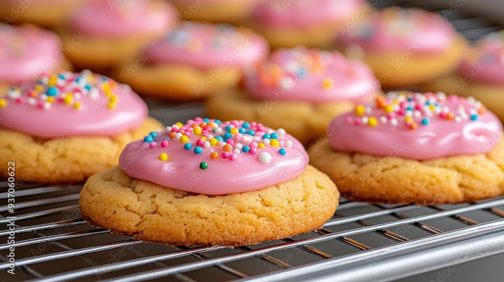 Pink Frosted Cookies With Sprinkles On Wire Rack Pink Frosted Cookies With Sprinkles On Wire Rack
