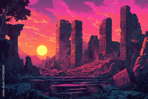 Ancient Ruins at Sunset with a Yellow Sun