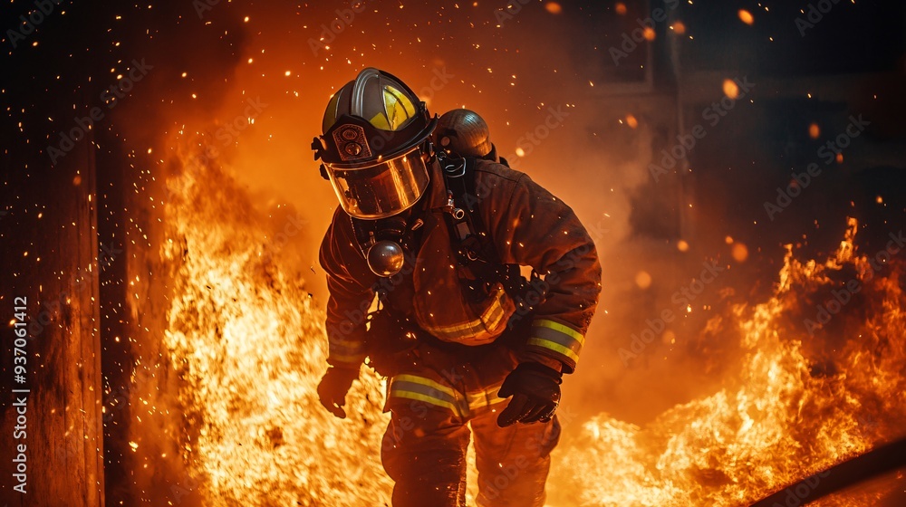 firefighter in full gear battling intense flames from a burning building at night, copy space firefighter in full gear battling intense flames from a burning building at night, copy space