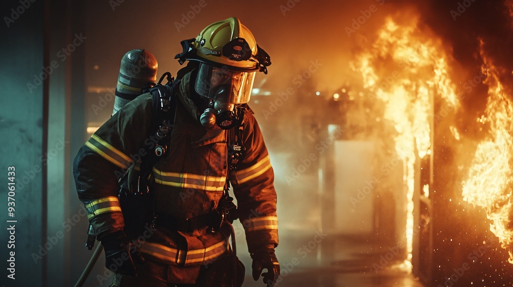 Fototapeta premium firefighter in full gear battling intense flames from a burning building at night, copy space