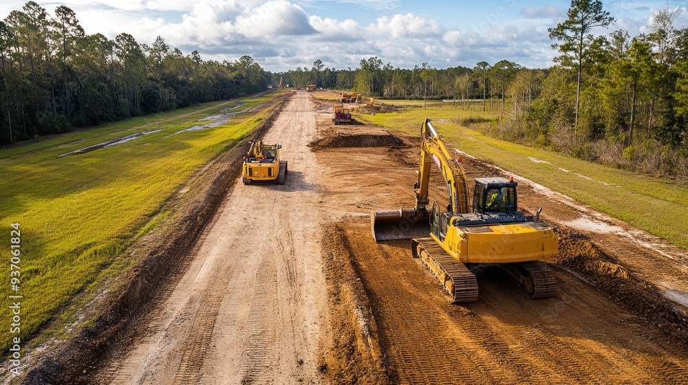 Construction Site: Aerial View of Excavator Working on a New Road Construction Site: Aerial View of Excavator Working on a New Road