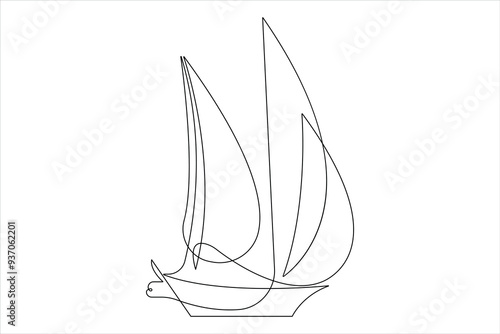 One continuous line art drawing of sailboat design travel tourism concept outline vector illustration