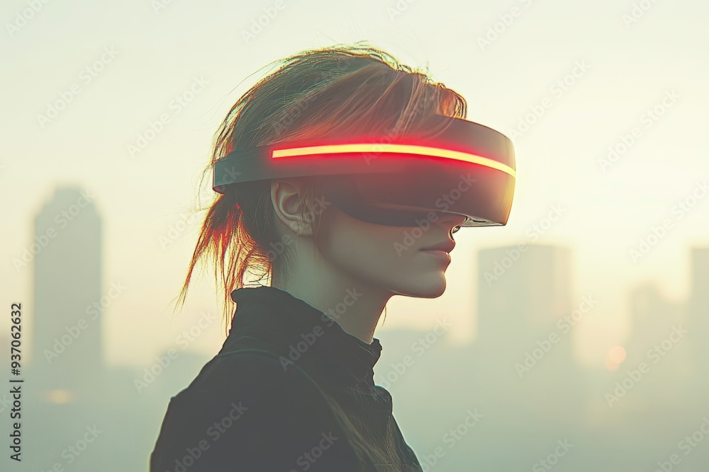 A young woman wearing futuristic goggles stands in a misty cityscape symbolizing the blend of human perception and technology in a cyberpunk world A young woman wearing futuristic goggles stands in a misty cityscape symbolizing the blend of human perception and technology in a cyberpunk world