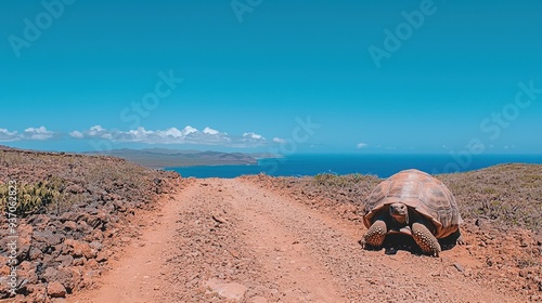 Giant Tortoise on Volcanic Trail with Ocean View