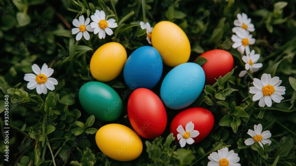 Colorful Easter Eggs Nestled in Spring Grass and Daisies Colorful Easter Eggs Nestled in Spring Grass and Daisies