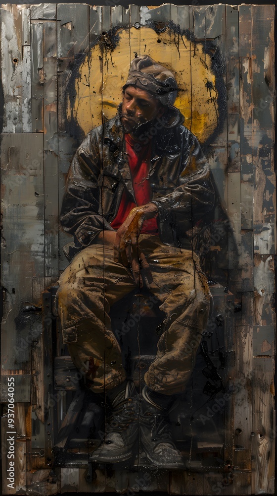 Man Sitting in a Wooden Frame. Man Sitting in a Wooden Frame.