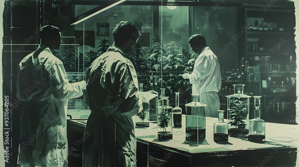 Scientists working in a lab with plants and glass beakers. Scientists working in a lab with plants and glass beakers.
