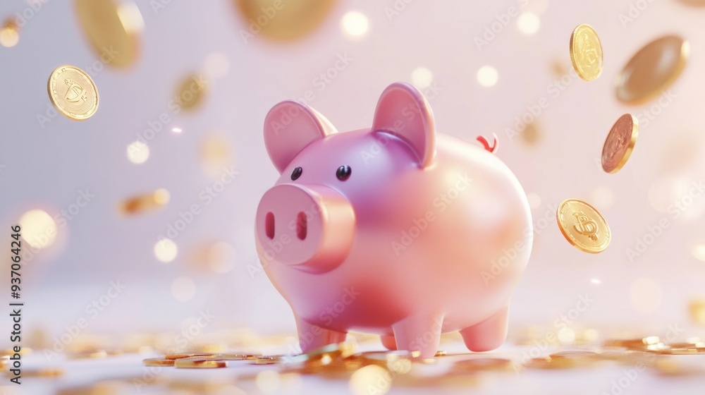 Piggy Bank with Falling Coins, 3D Illustration Piggy Bank with Falling Coins, 3D Illustration