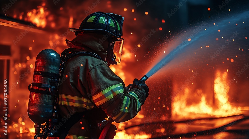 firefighter in full gear battling intense flames from a burning building at night, copy space firefighter in full gear battling intense flames from a burning building at night, copy space