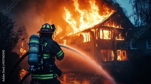  firefighter in full gear battling intense flames from a burning building at night, copy space