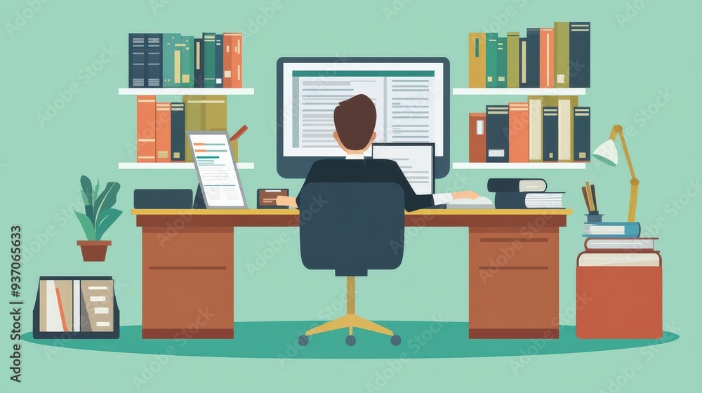 Efficient Legal Assistant Providing Support with Research and Document Management in Flat Design Illustration Efficient Legal Assistant Providing Support with Research and Document Management in Flat Design Illustration