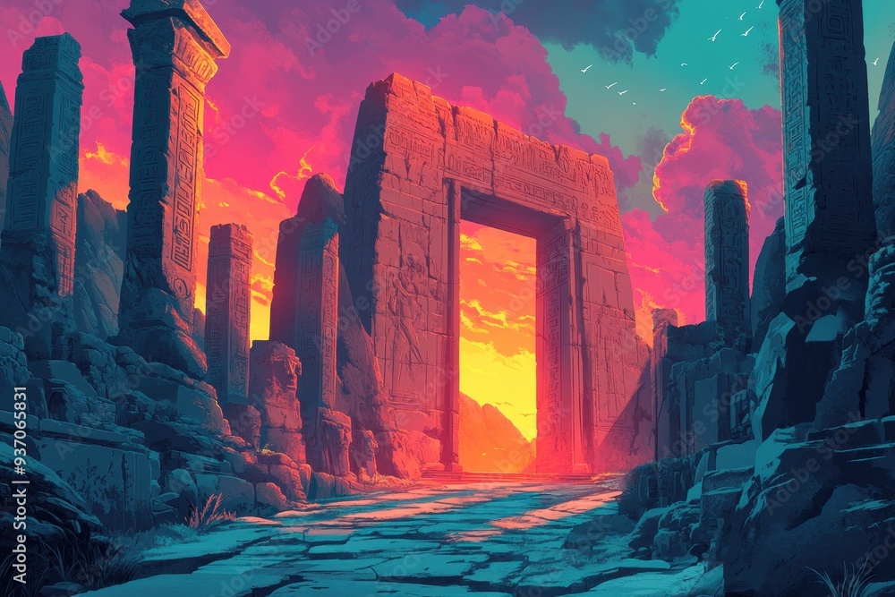 Ancient Stone Gateway Leading to a Sunset Sky Ancient Stone Gateway Leading to a Sunset Sky