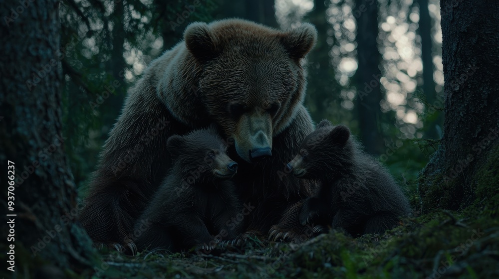 Mother Brown Bear and Cubs in Forest Mother Brown Bear and Cubs in Forest